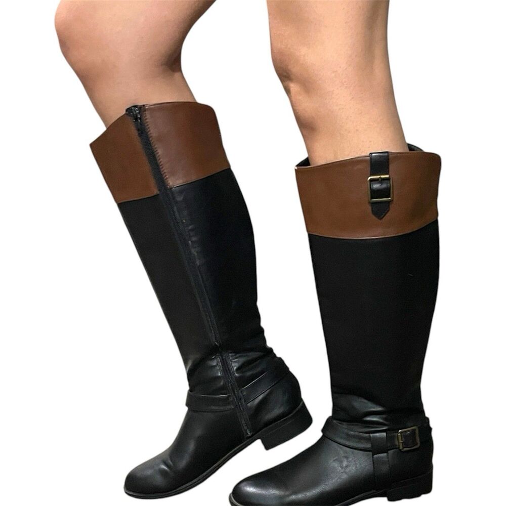 Solanz Women's Summer Fall Black Riding Boots Gretchen 8.5 M Brown/Black Zip Up